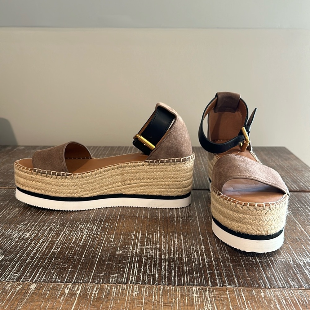 New ~ See by Chloe Glyn Platform Espadrille Sandal ~ Tan/Black ~ 8